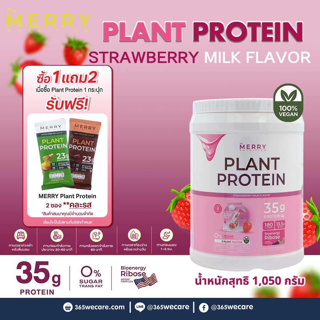 MERRY Plant Protein Strawberry 1050 g.เมอร์รี่ แพลนท์ โปรตีน กลิ่นสตรอว์เบอร์รี่