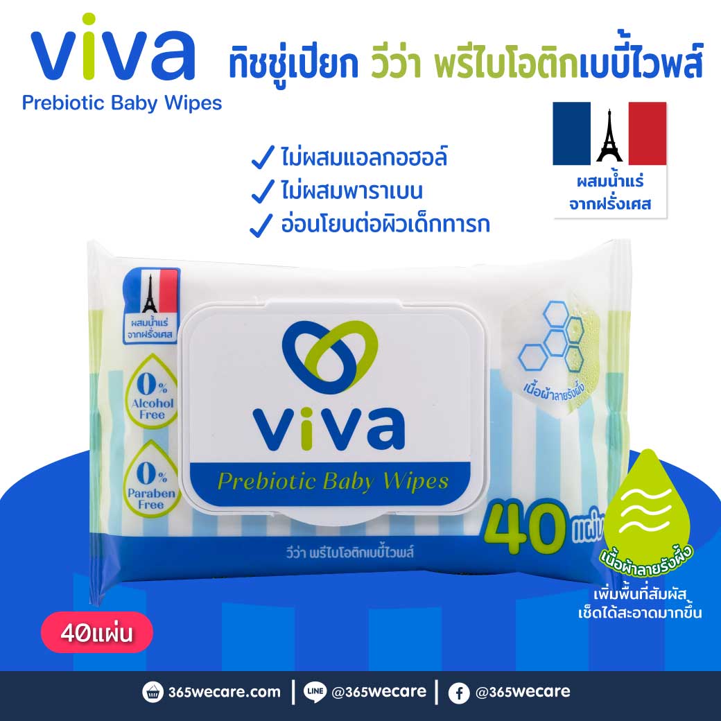 VIVA Prebiotic Baby Wipes 40ชิ้น วีว่า พรีไบโอติกส์เบบี้ไวพส์