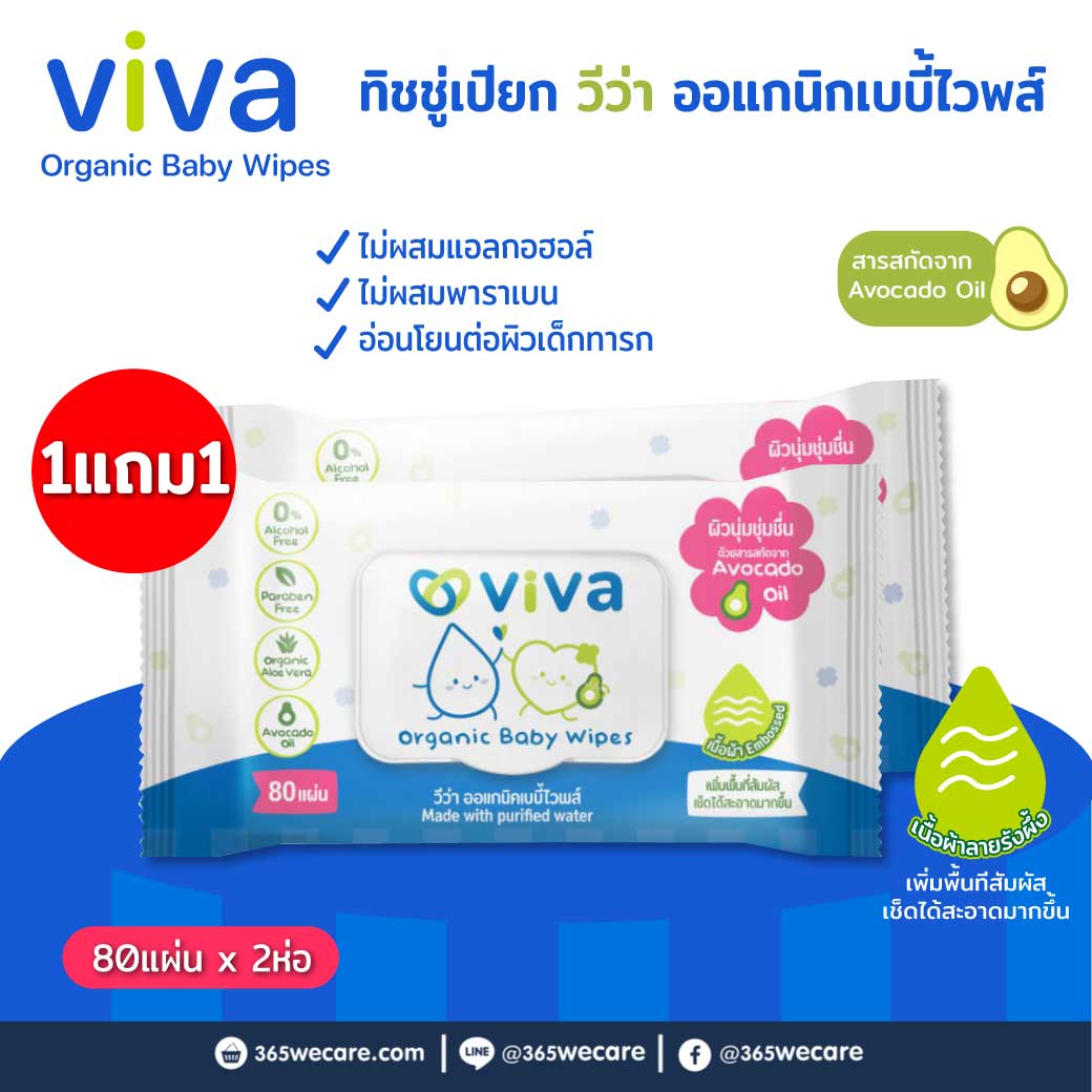 1แถม1 VIVA Organic Baby Wipes 80ชิ้น วีว่า สูตรออแกนิค เบบี้ ไวพส์