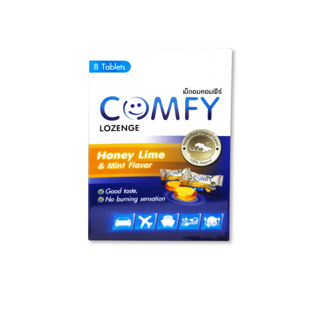COMFY Lozenge 8เม็ด. Honey Lime & Mint Flavor คอมฟีร์ ขิง กลิ่นน้ำผึ้ง มะนาวและมิ้นท์ ชนิดเม็ดอม