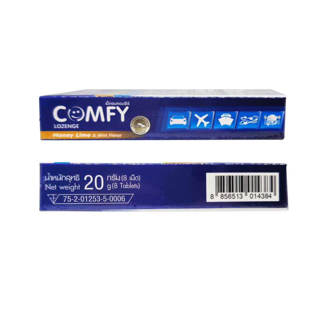 COMFY Lozenge 8เม็ด. Honey Lime & Mint Flavor คอมฟีร์ ขิง กลิ่นน้ำผึ้ง มะนาวและมิ้นท์ ชนิดเม็ดอม
