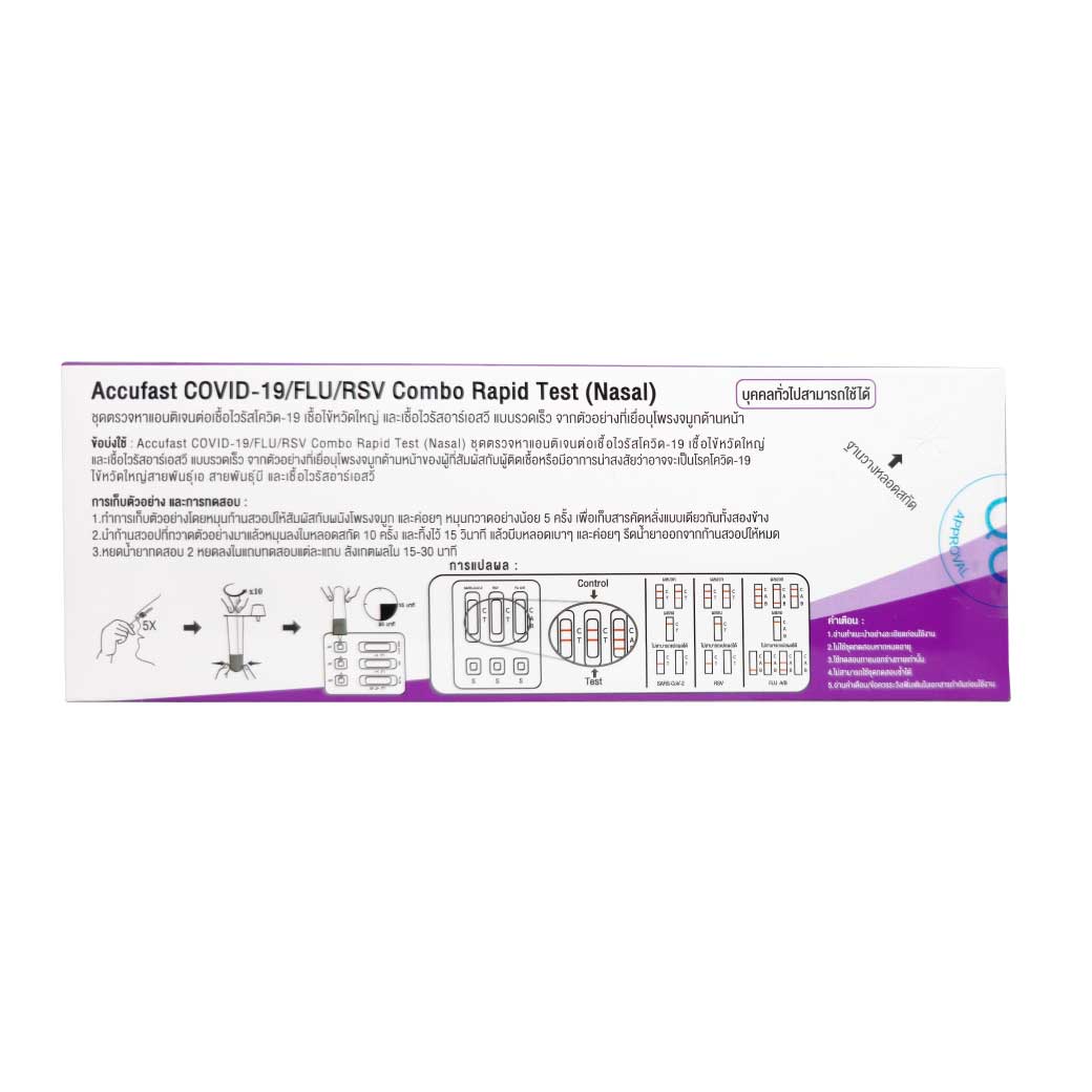 Nanomed Accufast Covid-19/Flu/Rsv Combo Rapid Test ชุดตรวจหาแอนติเจนต่อเชื้อไวรัสโควิด-19 เชื้อไข้หวัดใหญ่ และเชื้อไวริสอาร์เอสวี แบบรวดเร็ว จากตัวอย่างที่เยื่อบโพรงจมูกด้านหน้า