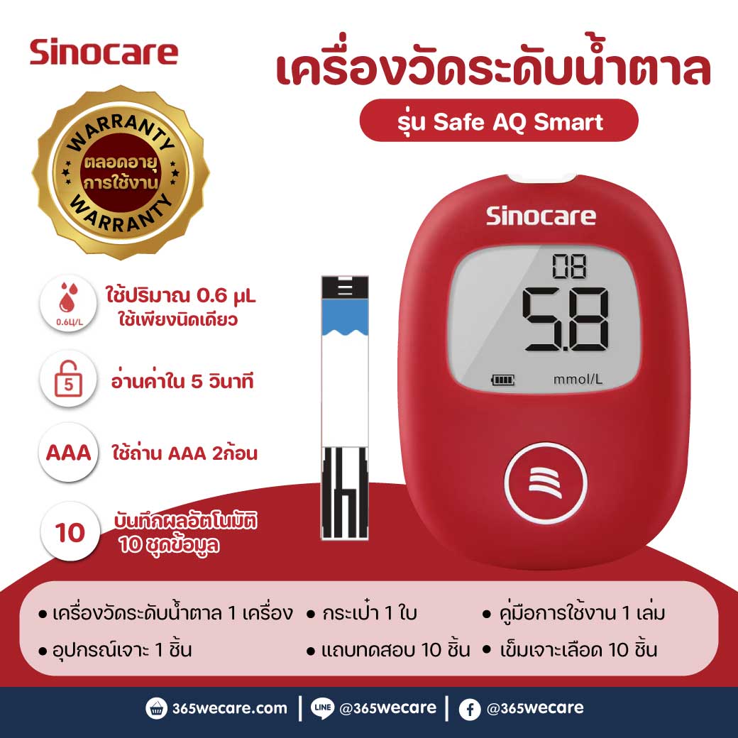SINOCARE Safe AQ Smart Blood Glucose Monitor(Strips50+Lancet50) ซิโนแคร์ เครื่องตรวจวัดระดับน้ำตาลในเลือด และ กรดยูริก