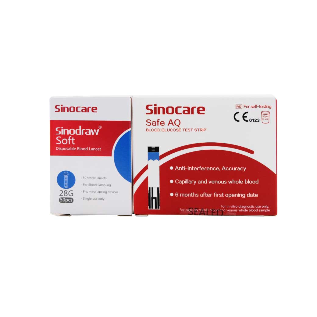 SINOCARE Safe AQ Strip 50ชิ้น+เข็ม28G 50ชิ้น แผ่นตรวจน้ำตาลในเลือด